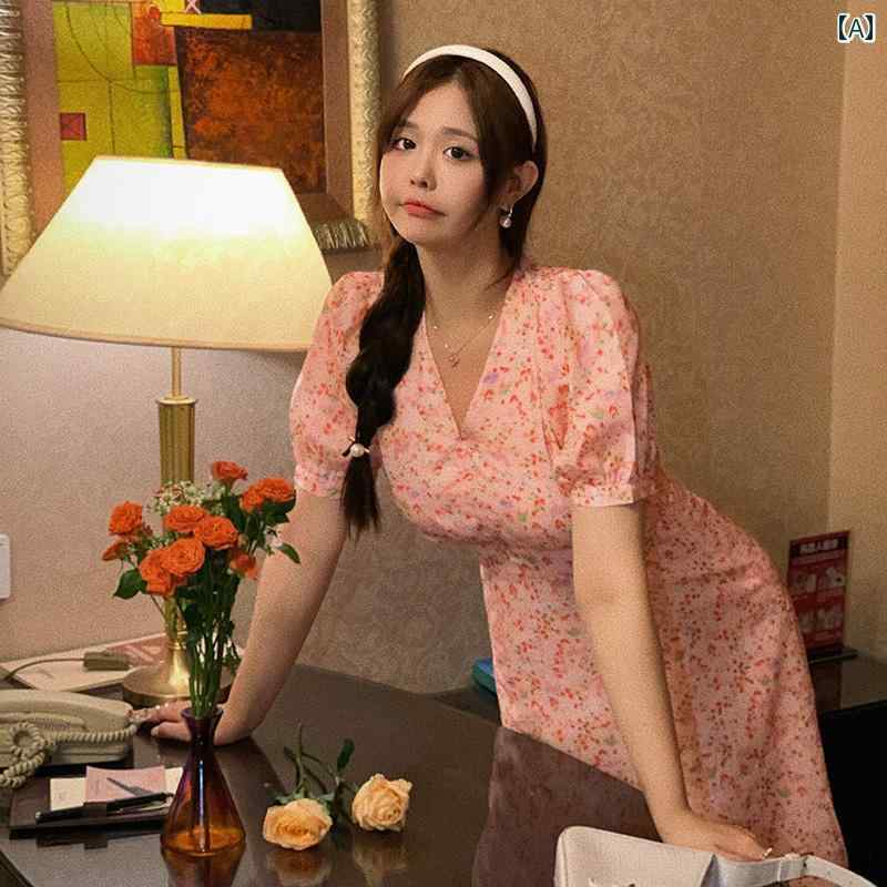 大きめサイズ レディース おしゃれ ファッション カジュアル 上品 フェミニン ワンピース デート 女子会 普段使い 小柄 夏 フレンチ レトロ 花柄 スカート ピンク プリント ドレス｜おうち健康生活