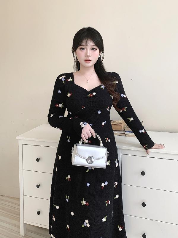 大きめサイズ レディース おしゃれ ファッション カジュアル 上品 フェミニン ワンピース デート 女子会 普段使い 小柄 秋 スリム ニット 刺繍 ボトム ロング スカート フレンチシック ブラック ドレス