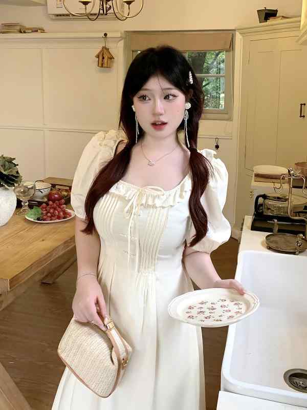 大きめサイズ レディース おしゃれ ファッション カジュアル 上品 フェミニン ワンピース デート 女子会 普段使い 小柄 夏 プリーツ ウエスト プリンセス ドレス フレンチ スイート キノコ エッジ プリーツスカート
