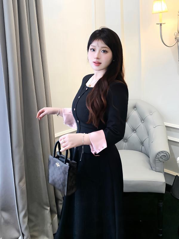 大きめサイズ レディース おしゃれ ファッション カジュアル 上品 フェミニン ワンピース デート 女子会 普段使い 秋 カラー アセテート A スイング スクエア ネック ウエスト ブラック ドレス｜おうち健康生活