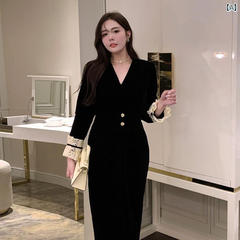 大きめサイズ レディース おしゃれ ファッション カジュアル 上品 フェミニン ワンピース デート 女子会 普段使い 秋 フレンチ ウエスト スリム 起毛 ドレス リトル ブラック ドレス｜おうち健康生活
