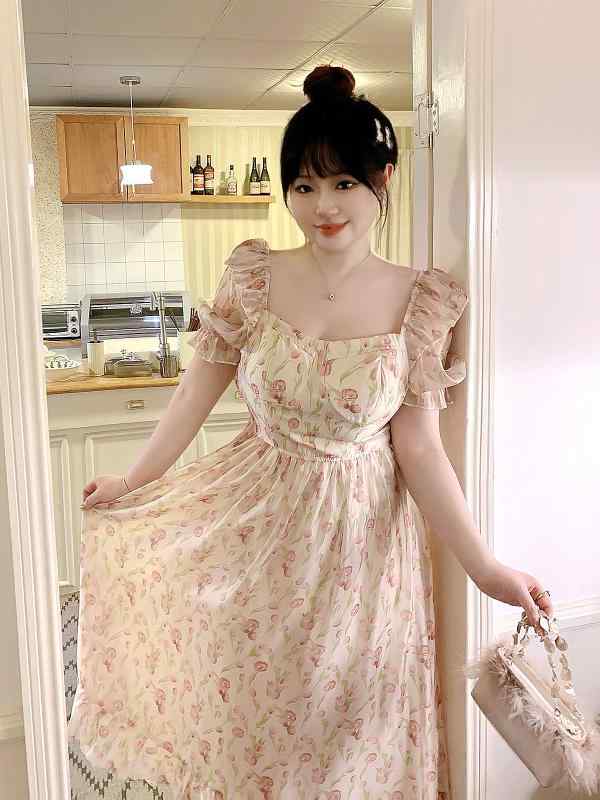 大きめサイズ レディース おしゃれ ファッション カジュアル 上品 フェミニン ワンピース デート 女子会 普段使い チューリップ フレンチ ティー ブレーク ドレス 花柄 ドレス｜おうち健康生活