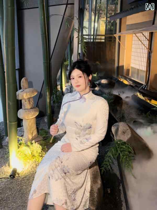 大きめサイズ レディース おしゃれ ファッション 上品 フェミニン デート 女子会 普段使い 紫 蓮 チャイナ風 ぽっちゃり スリム ドレス