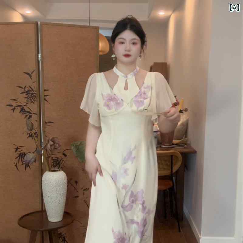 大きめサイズ レディース おしゃれ ファッション 上品 フェミニン デート 女子会 普段使い 胡 蝶 蘭 ぽっちゃり チャイナ風 スリム 初恋 ドレス｜おうち健康生活