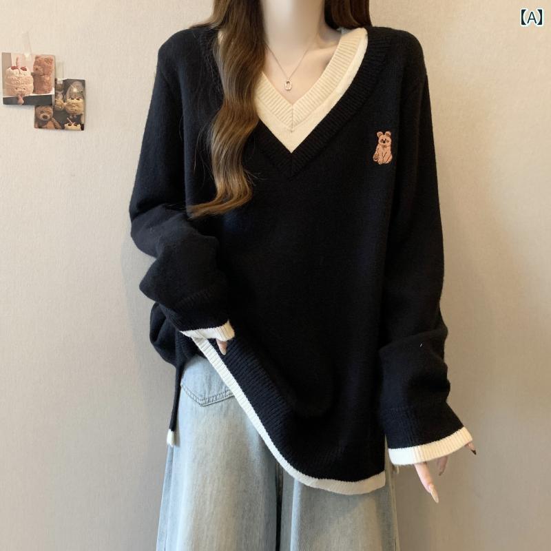 大きめサイズ レディース おしゃれ ファッション カジュアル 上品 フェミニン デート 女子会 普段使い 体型カバー 右 肩 Vネック フェイク セットアップ 刺繍 セーター 秋冬 体型 カバー ゆったり スリム セーター