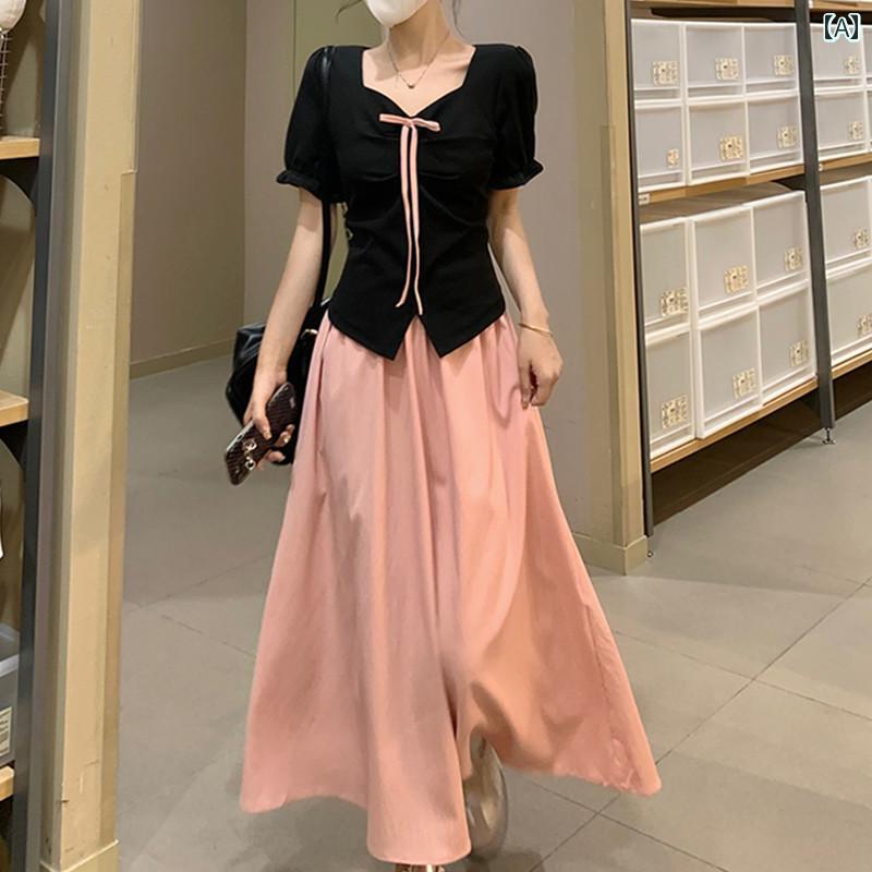 大きめサイズ レディース おしゃれ ファッション カジュアル 上品 フェミニン デート 女子会 普段使い フレンチスクエア ネック スリム シャツ 継ぎ接ぎ フェイク セットアップ ドレス 夏 ウエスト aライン スカート