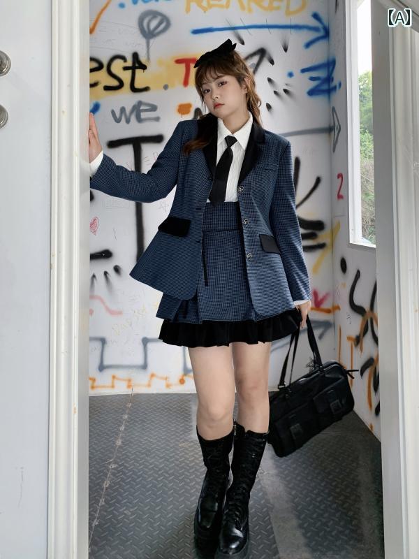 大きめサイズ レディース おしゃれ ファッション カジュアル 上品 フェミニン デート 女子会 普段使い アイアン ボックス 青 黒 チェック スカート セットアップ レトロ スリム クール 秋冬