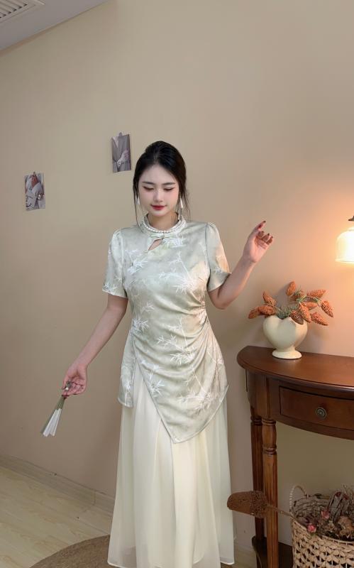 大きめサイズ レディース おしゃれ ファッション カジュアル 上品 フェミニン パーティー デート 女子会 普段使い フェイク セットアップ チャイナ風 グリーン クール 不規則 ウエスト チャイナ ドレス