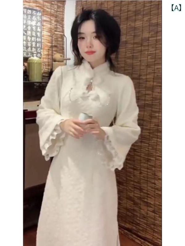 大きめサイズ レディース おしゃれ ファッション カジュアル 上品 フェミニン デート 女子会 普段使い チャイナ風 バックル レース 袖口 体型カバー チャイナ ドレス 秋冬