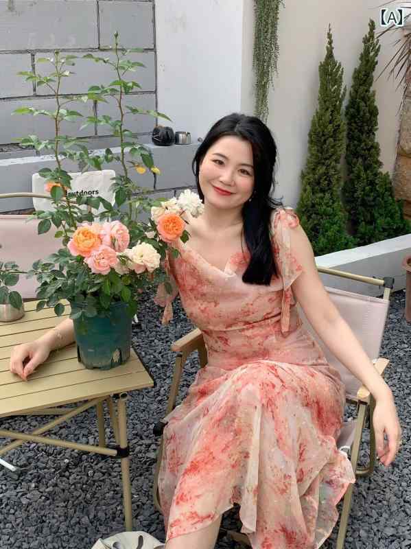 大きめサイズ レディース おしゃれ ファッション カジュアル 上品 フェミニン デート 女子会 普段使い ぽっちゃり 夏 ドレス 肩ひも aライン プリント シフォン 魅惑 快適 ロング スカート