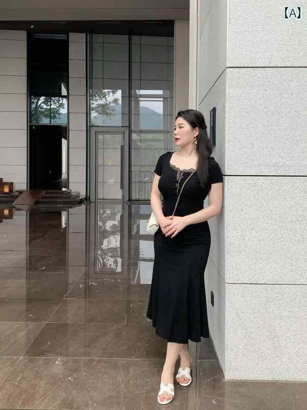 大きめサイズ レディース おしゃれ ファッション カジュアル 上品 フェミニン デート 女子会 普段使い ぽっちゃり 夏 レース ニット ドレス ヒップ カバーフィッシュテール 黒 丈 スカート|おうち健康生活