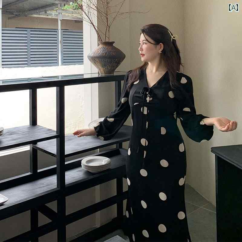 大きめサイズ レディース おしゃれ ファッション カジュアル 上品 フェミニン デート 女子会 普段使い ぽっちゃり 秋 フレンチ レトロ Vネック 水玉 ドレス ランタン スリーブ ロング スカート|おうち健康生活