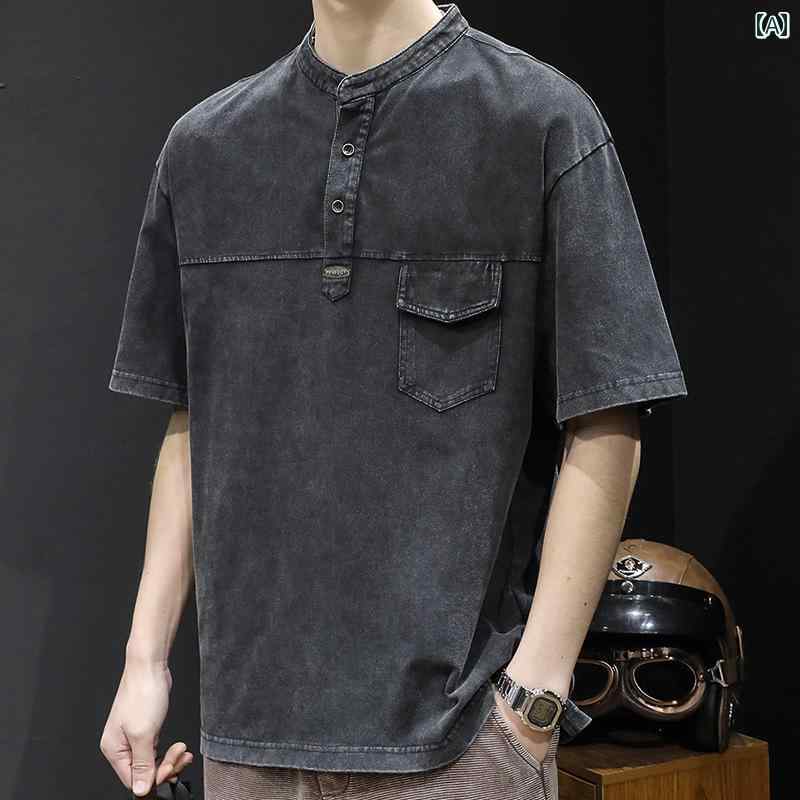 大きめサイズ メンズ トップス カジュアル おしゃれ ファッション ウォッシュ ポロシャツ 半袖 Tシャツ 五分袖 トレンド Tシャツ