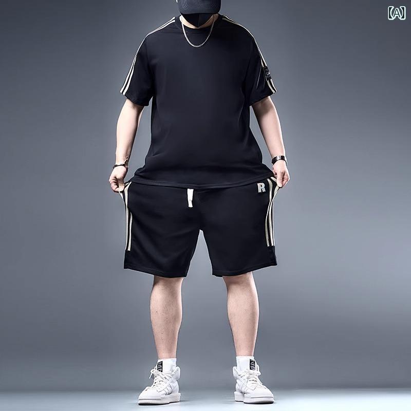 大きめサイズ メンズ セットアップ カジュアル 半袖 夏 トレンド ゆったり ショート Tシャツ 2点セット ぽっちゃり 快適 スポーツ