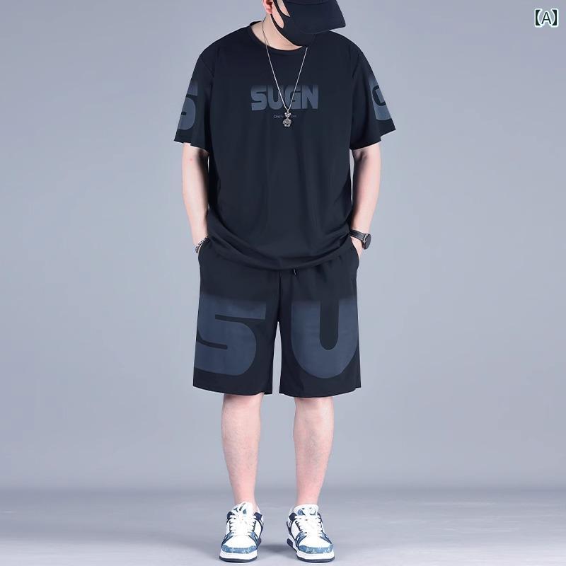 大きめサイズ メンズ セットアップ カジュアル ひんやり 快適 スポーツ 速乾 夏 Tシャツ 半袖 ショート 2点セット トレンディ セット
