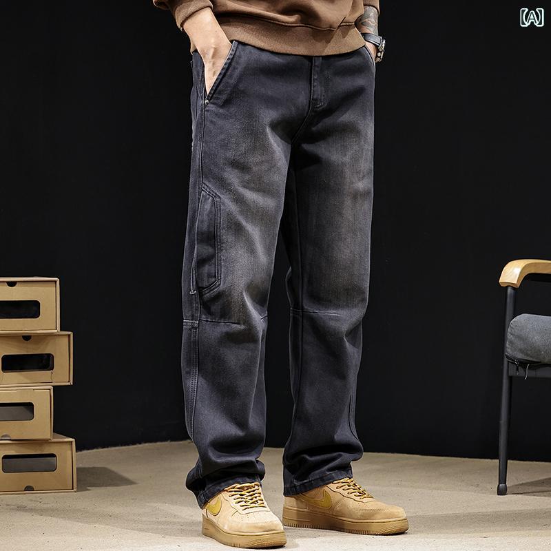 大きめサイズ メンズ パンツ カジュアル ズボン おしゃれ ファッション ストレート レッグ ワーク ジーンズ 秋 ゆったり 春秋 トレンディ 黒