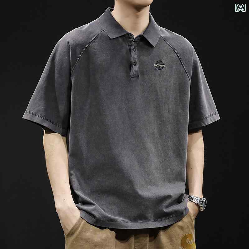 大きめサイズ メンズ ポロシャツ カジュアル アメリカン レトロ 半袖 Tシャツ 夏 ゆったり トレンド Tシャツ