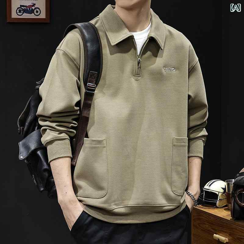大きめサイズ メンズ ポロシャツ カジュアル トレンディ ポロ スウェットシャツ 厚手 紳士服 ポケット 服 秋冬 長袖