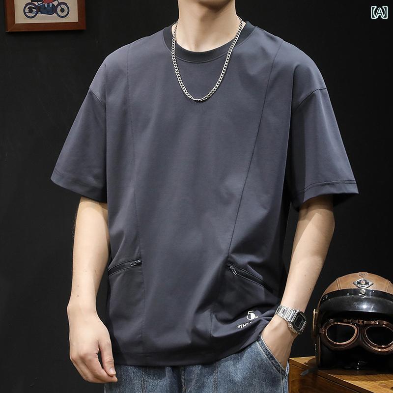 大きめサイズ メンズ Tシャツ 半袖 カジュアル おしゃれ 夏 薄手 涼しい 涼しい ゆったり トレンド ジッパー ポケット