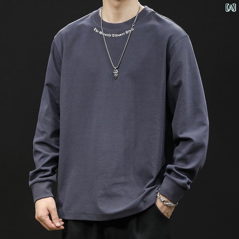 大きめサイズ メンズ トップス カジュアル おしゃれ ファッション 長袖 Tシャツ 綿 トレンド ゆったり 春 内側に 春秋 文字 刺繍 ボトムス