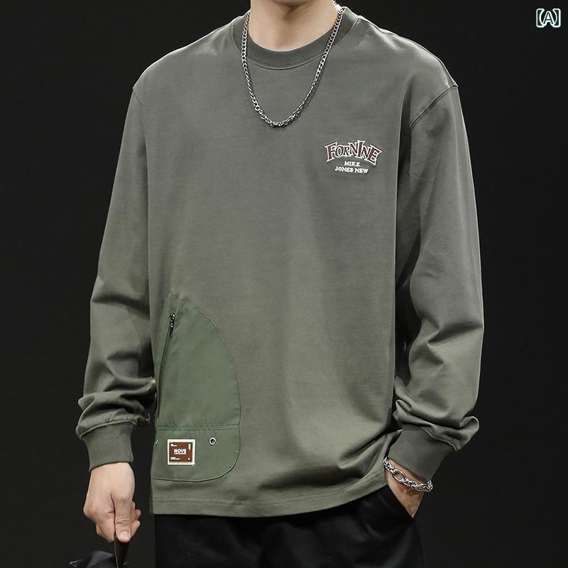 大きめサイズ メンズ トップス カジュアル おしゃれ ファッション ポケット トレンディ 長袖 Tシャツ 綿 春 ラウンドネック 服 春秋
