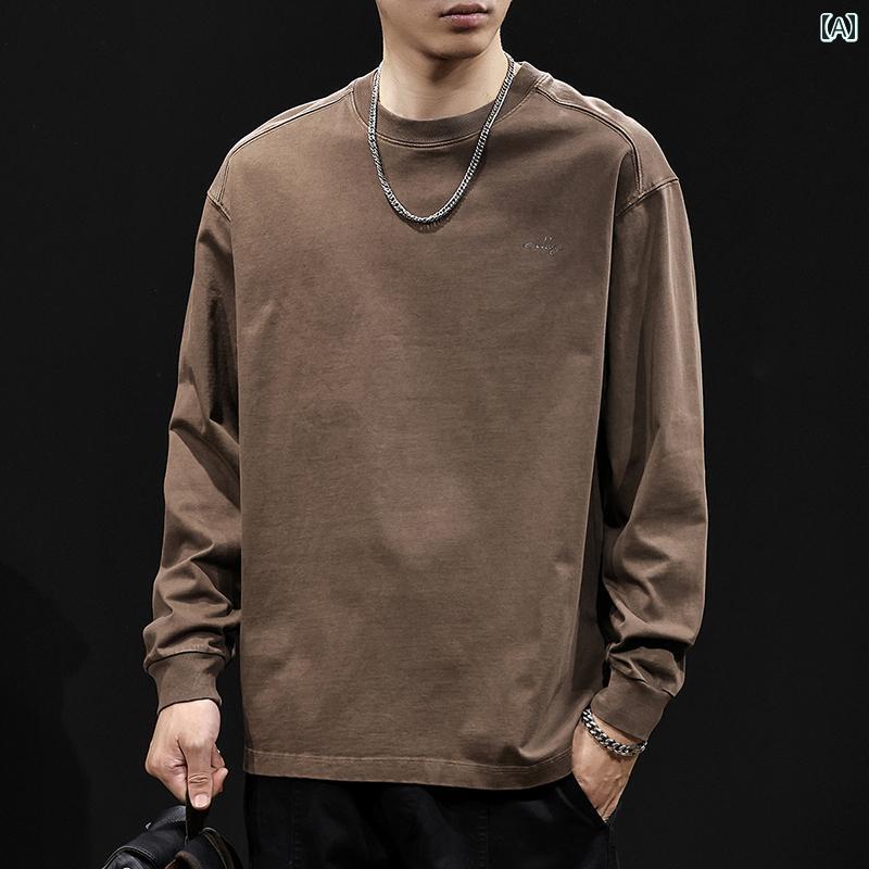 大きめサイズ メンズ トップス カジュアル おしゃれ ファッション アメリカ ウォッシュ トレンディ 長袖 Tシャツ 秋 ラウンドネック 服 春秋 レトロ