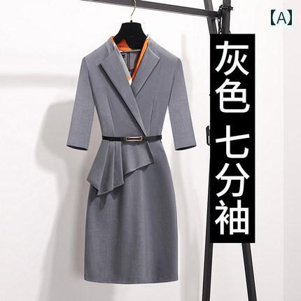 レディース ファッション ビジネス オフィス 制服 上品 フォーマル エレガント ドレス 夏 スリム ワーク ドレス 面接