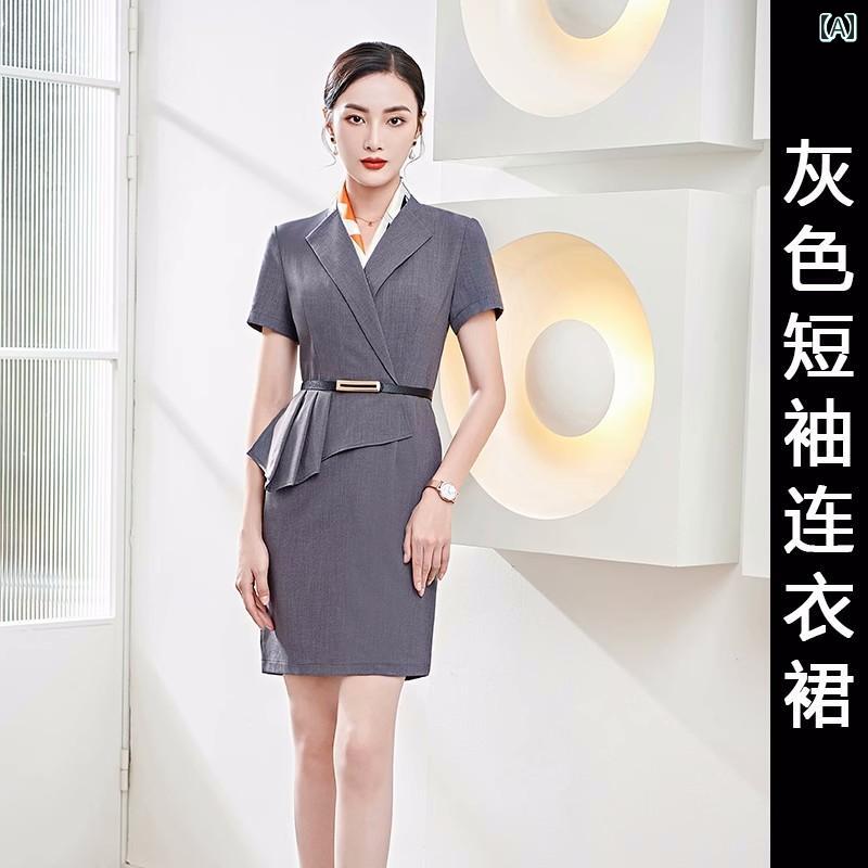 レディース ファッション ビジネス オフィス 制服 上品 フォーマル エレガント 夏 ドレス スリム 体型カバー ホテル フロント