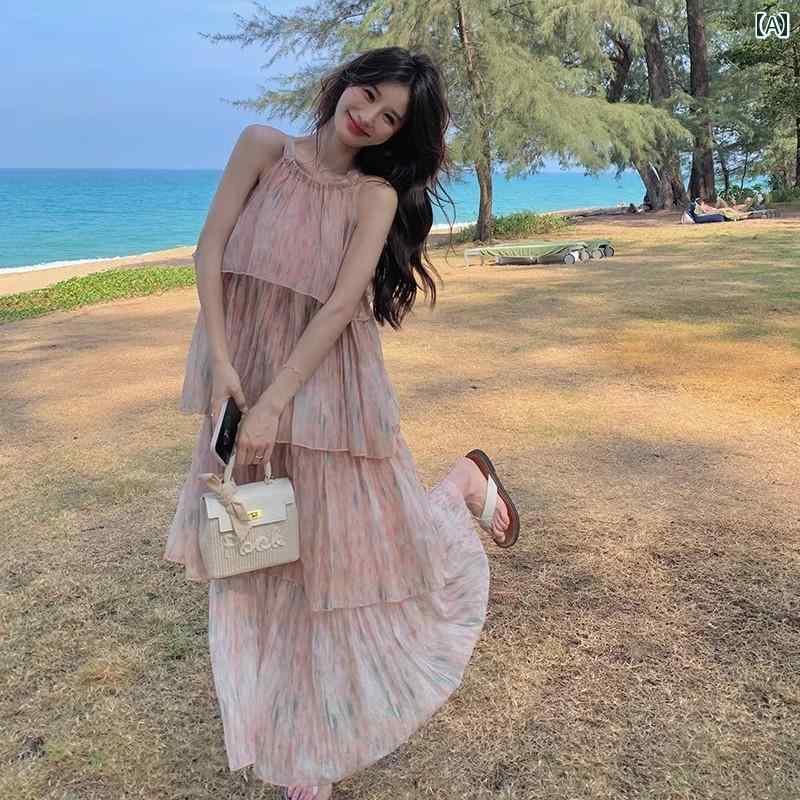レディース ファッション カジュアル おしゃれ フェミニン ピンク ホルターネック ドレス 夏 フランス 穏やか 海辺 休暇 旅行 美しい スカート