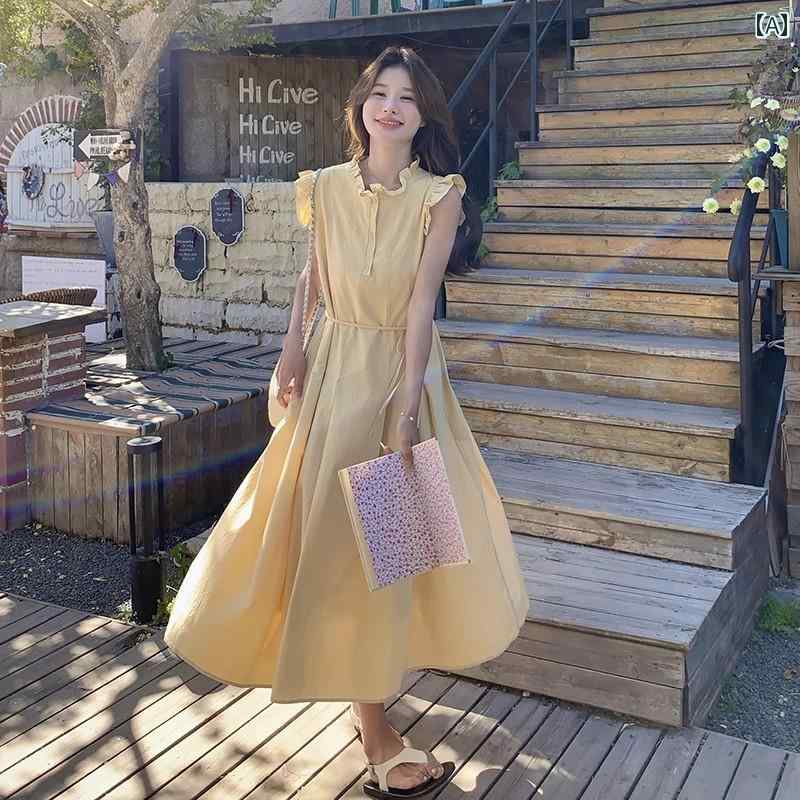 レディース ファッション カジュアル おしゃれ フェミニン 黄 フライング スリーブドレス 夏 フランス 優しく スリム スカート