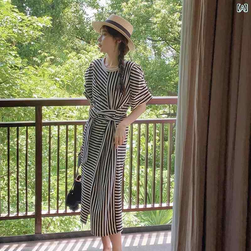 レディース ファッション カジュアル おしゃれ フェミニン ストライプ ドレス 夏 スリム ウエスト スリット ロング スカート｜おうち健康生活