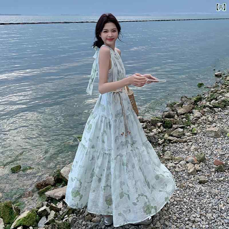 レディース ファッション カジュアル おしゃれ フェミニン ホルターネック ドレス 夏 チャイナ風 優しい 美しい 海辺 リゾート 花柄 スカート