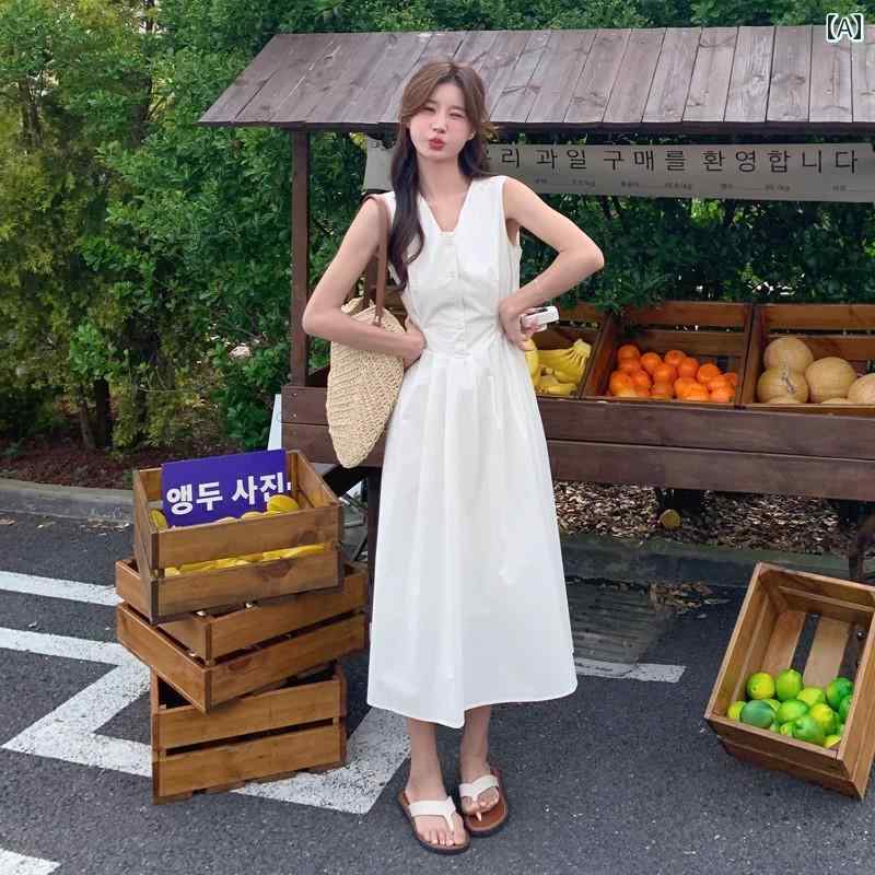 レディース ファッション カジュアル おしゃれ フェミニン フレンチ シンプル Vネックノースリーブ ドレス 夏 ウエスト スリム ベスト ドレス
