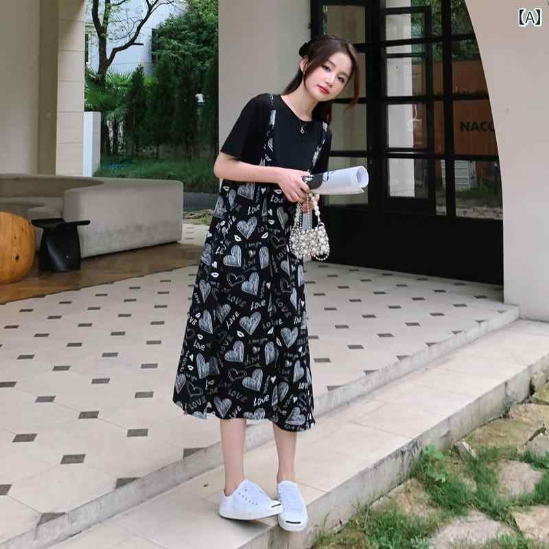 レディース ファッション カジュアル おしゃれ フェミニン 黒 愛 フェイク セットアップ ドレス 夏 フレンチ プリント 肩ひも スカート|おうち健康生活