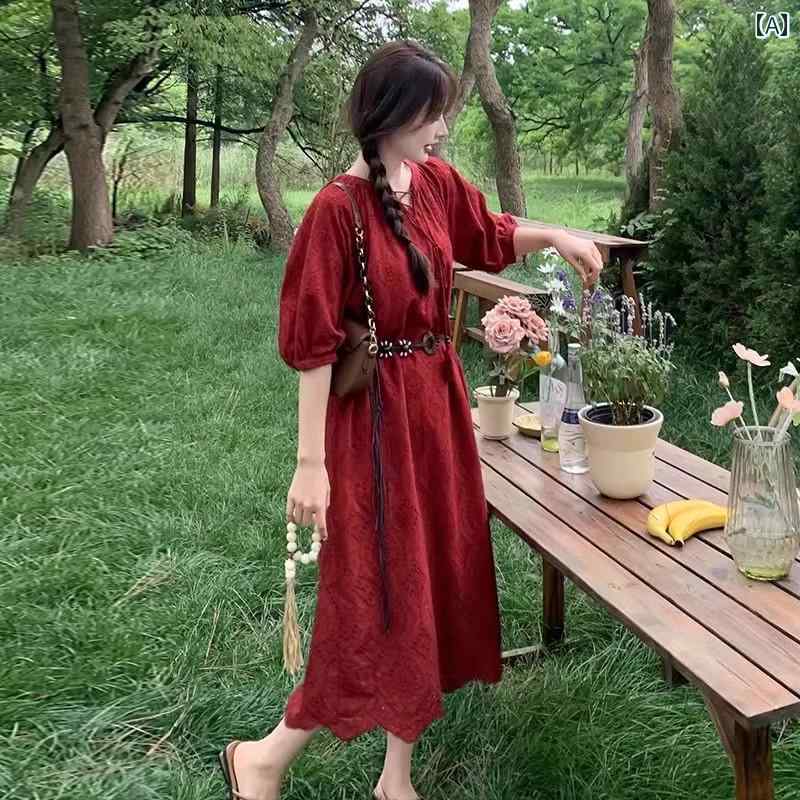 レディース ファッション カジュアル おしゃれ フェミニン 旅行 赤 ドレス 夏 フランス レトロ ボ ミ ジア エスニック ホリデー スカート｜おうち健康生活