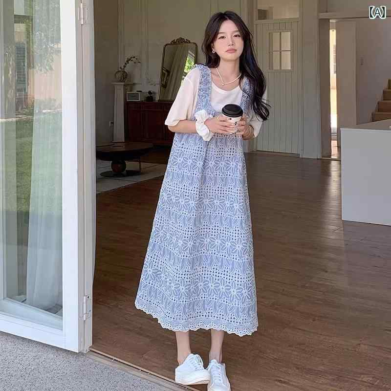 レディース ファッション カジュアル おしゃれ フェミニン ブルー 肩ひも スカート 夏 韓国 フレッシュ 森 甘くて 優しい レース ドレス｜おうち健康生活