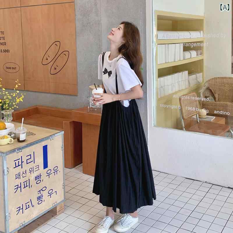 レディース ファッション カジュアル おしゃれ フェミニン 魅力 夏 リボン プリント Tシャツ プリーツ 肩ひも スカート カレッジ コーデ 一式 セット