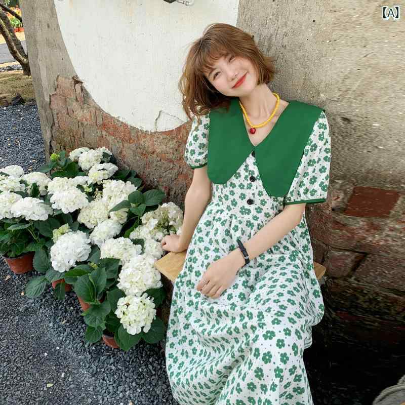 レディース ファッション カジュアル おしゃれ フェミニン 美しい 花柄 ドレス 夏 韓国 人形 襟 ガーリー フォレスト スリム ロング スカート