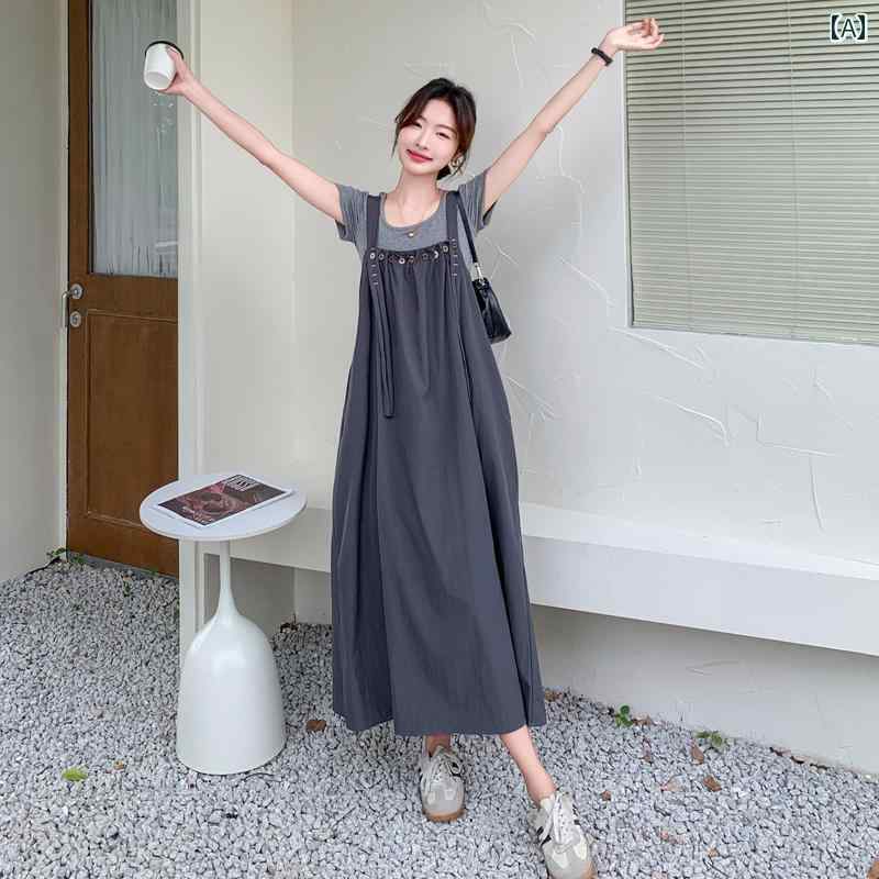 レディース ファッション カジュアル おしゃれ フェミニン グレー プリーツ 肩ひも スカート スリム Tシャツ クール ユニーク シック スカート｜おうち健康生活