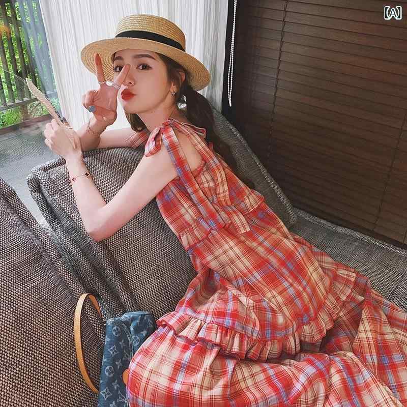 レディース 流行り物 心地好い 今めかしい 女子らしい レトロ 赤 照合のしるし 肩吊りひも スコート 夏新 同盟罷業一回り 外辺部 森 ロング スコート