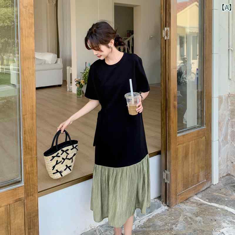 レディース ファッション カジュアル おしゃれ フェミニン 黒 Tシャツ ドレス 夏 フレンチ レースアップ フィッシュテール スカート