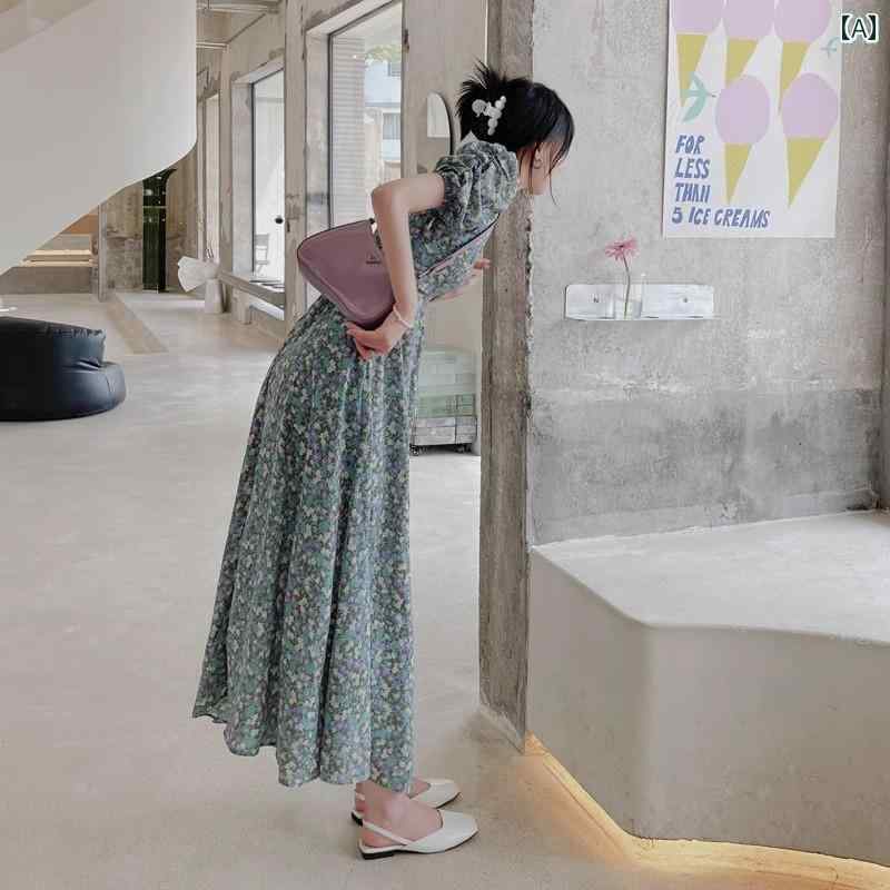 レディース ファッション カジュアル おしゃれ フェミニン レトロ フレンチスクエア ネック パフスリーブ 花柄 ドレス 夏 海辺 休暇 スリット キキョウ ロング スカート｜おうち健康生活