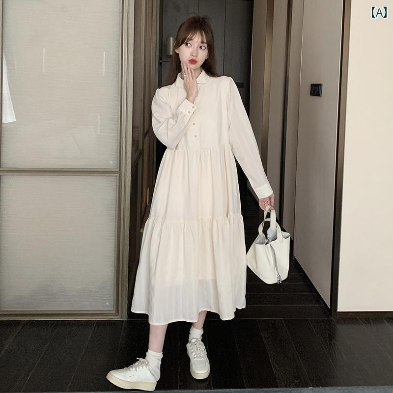 レディース ファッション カジュアル おしゃれ フェミニン 秋 白 長袖 ドレス フレンチ レトロ 胸 かわいい 人形 襟 シャツ スカート