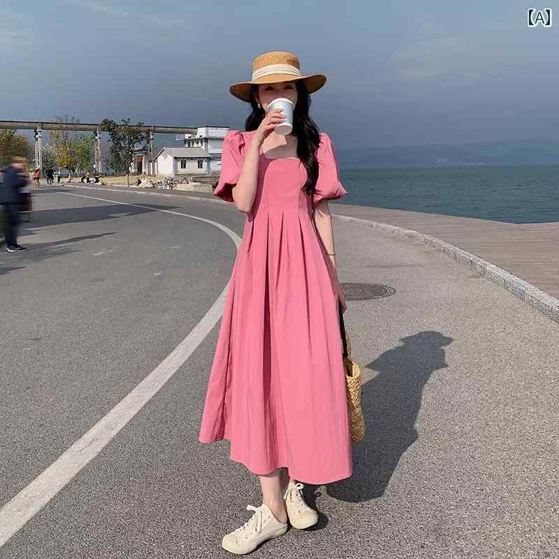 レディース 流行り物 心地好い 今めかしい 女子らしい 韓国 愛想のいい サクラ色サクラ色 夏 真四角素っ首 パフ捩り ご機嫌酉の方角 か細い ロング スコート