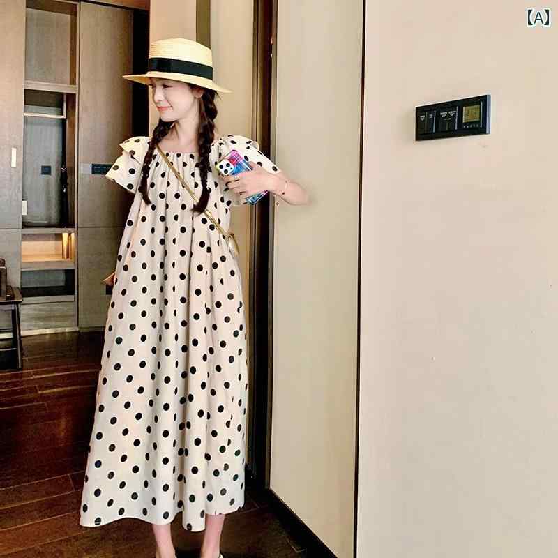 レディース ファッション カジュアル おしゃれ フェミニン ポルカドット ドレス 夏 フレンチ レトロ リラックス 感 ゆったり 休日 ロング スカート｜おうち健康生活