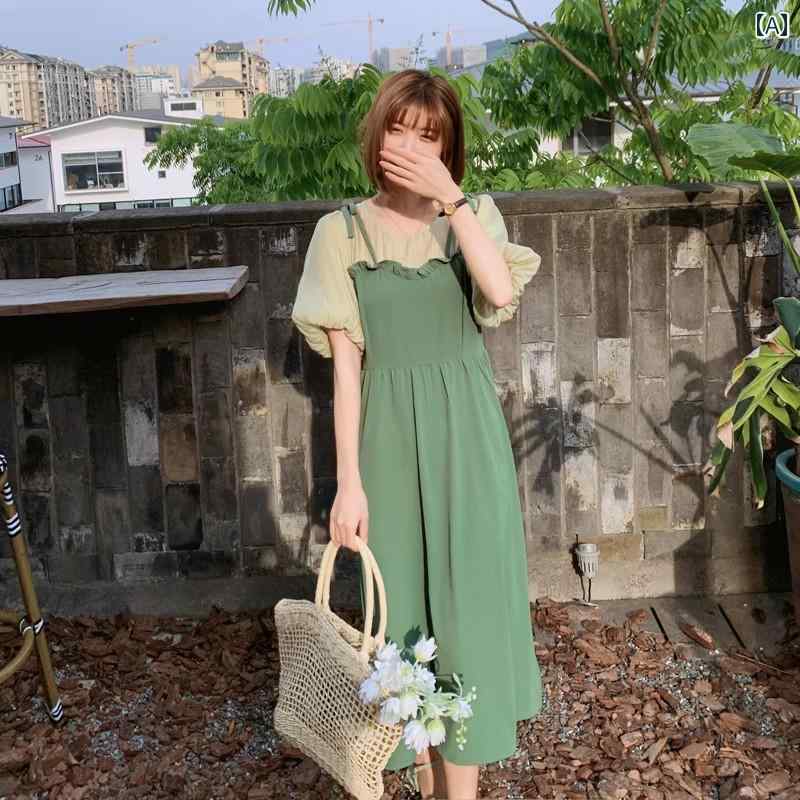 レディース ファッション カジュアル おしゃれ フェミニン グリーンフォレスト フェイク セットアップ 肩ひも ドレス 夏 フレンチ ジェントル ウィンド パフスリーブ ロング ドレス|おうち健康生活