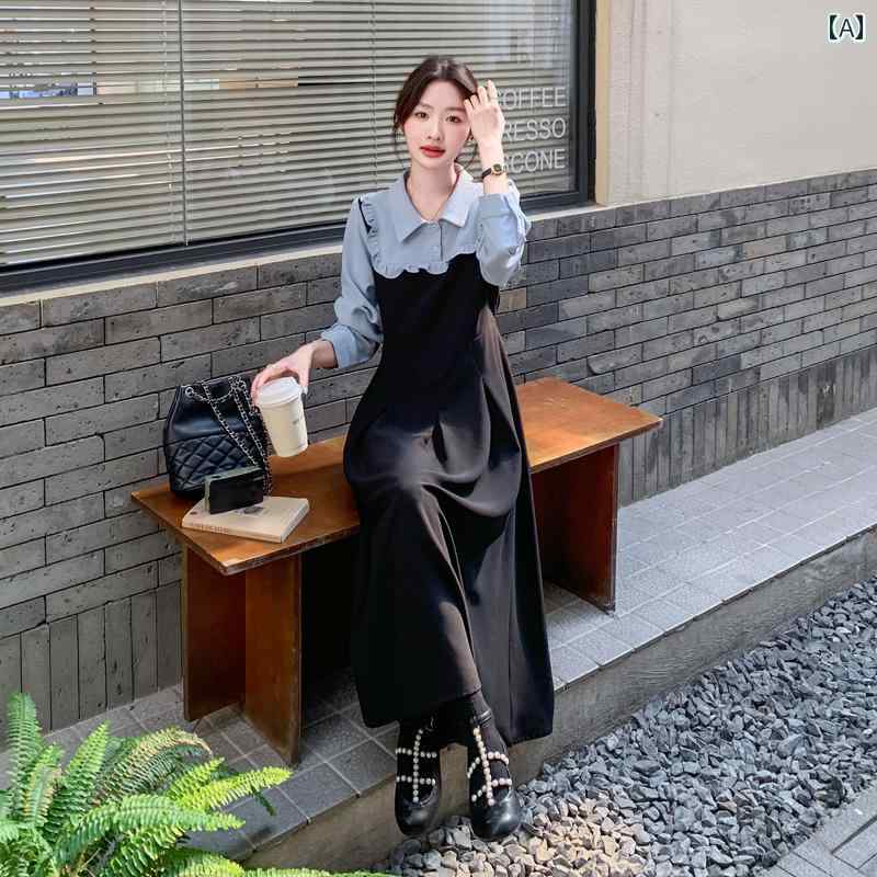 レディース ファッション カジュアル おしゃれ フェミニン フランス フェイク セットアップ 長袖 ドレス 春秋 カレッジ スリム シャツ ロング スカート|おうち健康生活