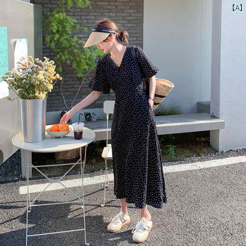 レディース ファッション カジュアル おしゃれ フェミニン 黒 花柄 ドレス 夏 Vネック スリム お姫様 ティーブレイク フレンチ ロング ドレス