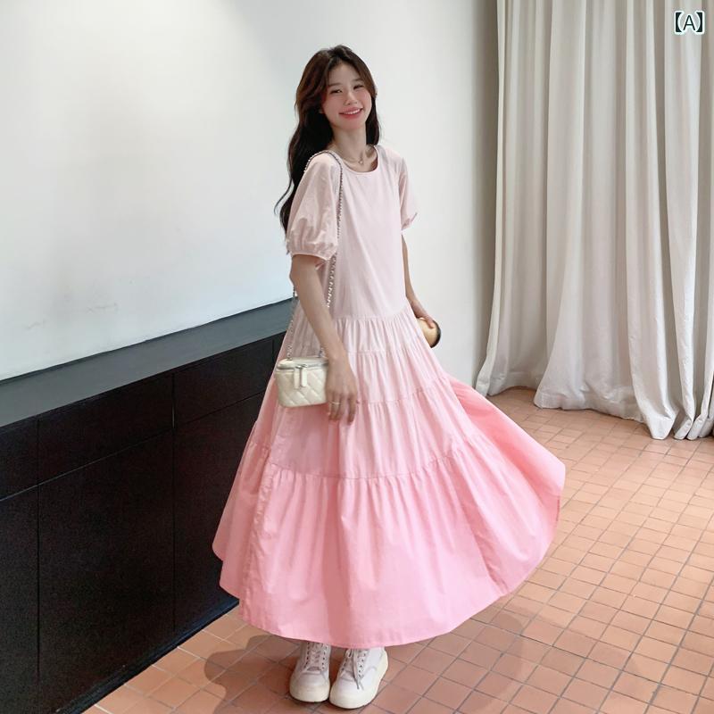 レディース ファッション カジュアル おしゃれ フェミニン グラデーション ピンク ドレス 夏 韓国 美しい 休日 初恋 ロング ドレス