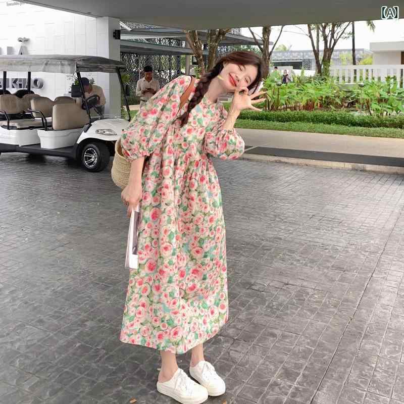 レディース ファッション カジュアル おしゃれ フェミニン 花柄 ドレス 夏新 フレンチ レトロ パフスリーブ ホリデー フェア リードレス